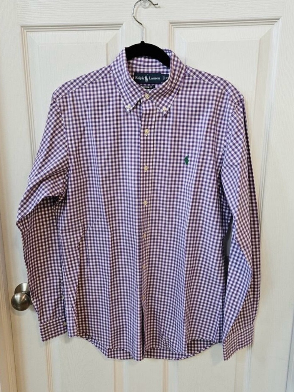 Ralph Lauren Mens Custom Fit Gingham Button Down Shirt Purple White Large L